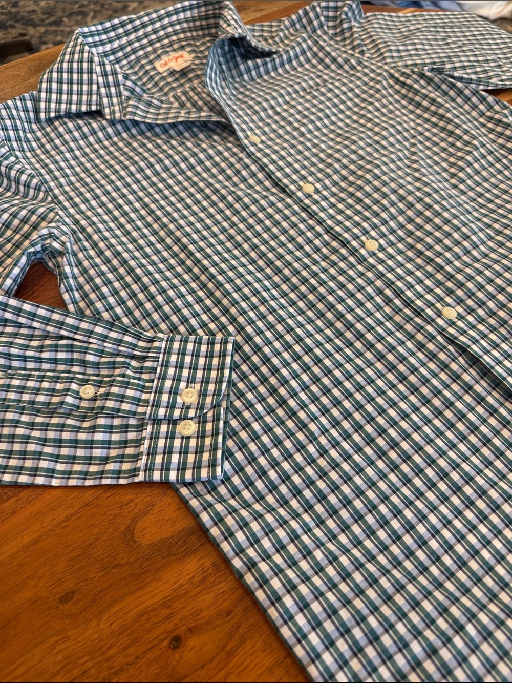 Cat & Jack Boys Blue, Green and White Checkered Button-Down Shirt size 10/12 - Picture 3 of 3